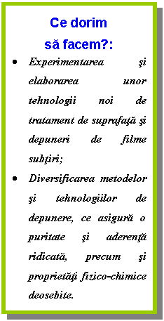 Text Box: Ce dorim
sa facem?:
.	Experimentarea si elaborarea unor tehnologii noi de tratament de suprafata si depuneri de filme subtiri; 
.	Diversificarea metodelor si tehnologiilor de depunere, ce asigura o puritate si aderenta ridicata, precum si proprietati fizico-chimice deosebite. 


