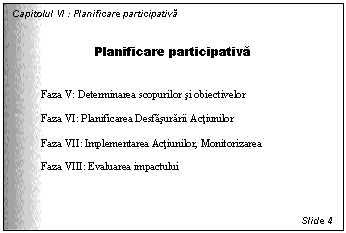 Text Box: Capitolul VI : Planificare participativa

Planificare participativa


Faza V: Determinarea scopurilor si obiectivelor 

Faza VI: Planificarea Desfasurarii Actiunilor

Faza VII: Implementarea Actiunilor, Monitorizarea

Faza VIII: Evaluarea impactului 



Slide 4
