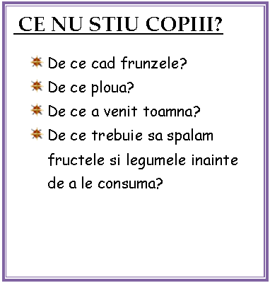 Text Box: CE NU STIU COPIII?
 De ce cad frunzele?
 De ce ploua?
 De ce a venit toamna?
 De ce trebuie sa spalam fructele si legumele inainte de a le consuma?
