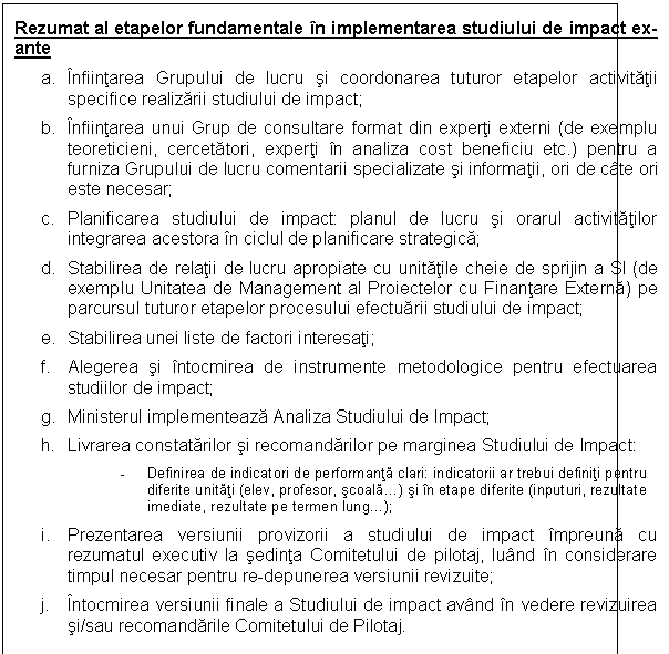 Text Box: Rezumat al etapelor fundamentale in implementarea studiului de impact ex-ante
a. Infiintarea Grupului de lucru si coordonarea tuturor etapelor activitatii specifice realizarii studiului de impact; 
b. Infiintarea unui Grup de consultare format din experti externi (de exemplu teoreticieni, cercetatori, experti in analiza cost beneficiu etc.) pentru a furniza Grupului de lucru comentarii specializate si informatii, ori de cate ori este necesar;
c. Planificarea studiului de impact: planul de lucru si orarul activitatilor integrarea acestora in ciclul de planificare strategica;
d. Stabilirea de relatii de lucru apropiate cu unitatile cheie de sprijin a SI (de exemplu Unitatea de Management al Proiectelor cu Finantare Externa) pe parcursul tuturor etapelor procesului efectuarii studiului de impact;
e. Stabilirea unei liste de factori interesati;
f. Alegerea si intocmirea de instrumente metodologice pentru efectuarea studiilor de impact; 
g. Ministerul implementeaza Analiza Studiului de Impact;
h. Livrarea constatarilor si recomandarilor pe marginea Studiului de Impact: 
- Definirea de indicatori de performanta clari: indicatorii ar trebui definiti pentru diferite unitati (elev, profesor, scoala . ) si in etape diferite (inputuri, rezultate imediate, rezultate pe termen lung . );
i. Prezentarea versiunii provizorii a studiului de impact impreuna cu rezumatul executiv la sedinta Comitetului de pilotaj, luand in considerare timpul necesar pentru re-depunerea versiunii revizuite; 
j. Intocmirea versiunii finale a Studiului de impact avand in vedere revizuirea si/sau recomandarile Comitetului de Pilotaj. 
