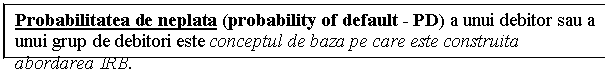 Text Box: Probabilitatea de neplata (probability of default - PD) a unui debitor sau a unui grup de debitori este conceptul de baza pe care este construita abordarea IRB.