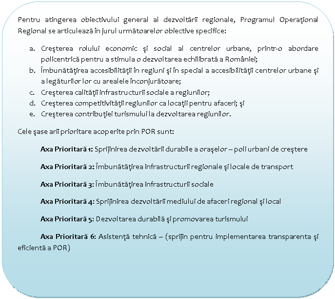 Flowchart: Alternate Process: Pentru atingerea obiectivului general al dezvoltarii regionale, Programul Operational Regional se articuleaza in jurul urmatoarelor obiective specifice:
a. Cresterea rolului economic si social al centrelor urbane, printr-o abordare policentrica pentru a stimula o dezvoltarea echilibrata a Romaniei;
b. Imbunatatirea accesibilitatii in regiuni si in special a accesibilitatii centrelor urbane si a legaturilor lor cu arealele inconjuratoare;
c. Cresterea calitatii infrastructurii sociale a regiunilor;
d. Cresterea competitivitatii regiunilor ca locatii pentru afaceri; si
e. Cresterea contributiei turismului la dezvoltarea regiunilor.
Cele sase arii prioritare acoperite prin POR sunt:
Axa Prioritara 1: Sprijinirea dezvoltarii durabile a oraselor - poli urbani de crestere
Axa Prioritara 2: Imbunatatirea infrastructurii regionale si locale de transport
Axa Prioritara 3: Imbunatatirea infrastructurii sociale
Axa Prioritara 4: Sprijinirea dezvoltarii mediului de afaceri regional si local
Axa Prioritara 5: Dezvoltarea durabila si promovarea turismului
Axa Prioritara 6: Asistenta tehnica - (sprijin pentru implementarea transparenta si eficienta a POR)

