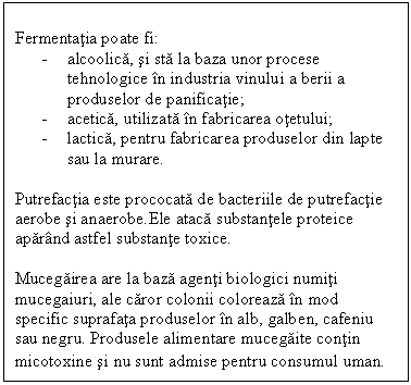 Text Box: Fermentatia poate fi:
- alcoolica, si sta la baza unor procese tehnologice in industria vinului a berii a produselor de panificatie;
- acetica, utilizata in fabricarea otetului;
- lactica, pentru fabricarea produselor din lapte sau la murare.

Putrefactia este prococata de bacteriile de putrefactie aerobe si anaerobe.Ele ataca substantele proteice aparand astfel substante toxice.

Mucegairea are la baza agenti biologici numiti mucegaiuri, ale caror colonii coloreaza in mod specific suprafata produselor in alb, galben, cafeniu sau negru. Produsele alimentare mucegaite contin micotoxine si nu sunt admise pentru consumul uman.
