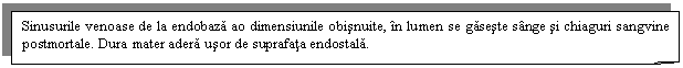 Folded Corner: Sinusurile venoase de la endobaza ao dimensiunile obisnuite, in lumen se gaseste sange si chiaguri sangvine postmortale. Dura mater adera usor de suprafata endostala.