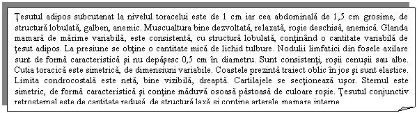 Folded Corner: Tesutul adipos subcutanat la nivelul toracelui este de 1 cm iar cea abdominala de 1,5 cm grosime, de structura lobulata, galben, anemic. Muscualtura bine dezvoltata, relaxata, rosie deschisa, anemica. Glanda mamara de marime variabila, este consistenta, cu structura lobulata, continand o cantitate variabila de tesut adipos. La presiune se obtine o cantitate mica de lichid tulbure. Nodulii limfatici din fosele axilare sunt de forma caracteristica si nu depasesc 0,5 cm in diametru. Sunt consistenti, rosii cenusii sau albe. Cutia toracica este simetrica, de dimensiuni variabile. Coastele prezinta traiect oblic in jos si sunt elastice. Limita condrocostala este neta, bine vizibila, dreapta. Cartilajele se sectioneaza usor. Sternul este simetric, de forma caracteristica si contine maduva osoasa pastoasa de culoare rosie. Tesutul conjunctiv retrosternal este de cantitate redusa, de structura laxa si contine arterele mamare interne.