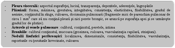 Rounded Rectangle: - Pleura viscerala: aspectul suprafetei, luciul, transparenta, depozitele, aderentele, ingrosarile
- Plamanii: forma, marimea, greutatea, integritatea, consistenta, elasticitatea, friabilitatea, gradul de aerisire, continutul in singe, culoarea, docimazia pulmonara (fragmente mici de parenchim pulmonar de circa 1 mm3 care sa nu contina pleura si nici perete bronsic, se arunca pe suprafata apei si se urmareste gradul lor de plutire).
- Arterele si venele pulmonare: calibrul, continutul, peretele, intima
- Bronhiile: calibrul continutul, mucoasa (grosimea, culoarea, vascularizatia capilara, striatiuni).
- Nodulii limfatici peribronsici: localizarea, dimensiunile, consistenta, friabilitatea, vascularizatia, raporturile cu tesuturile invecinate, culoarea
