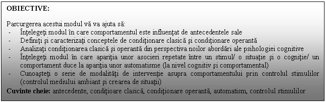 Text Box: OBIECTIVE: 

Parcurgerea acestui modul va va ajuta sa:
- Intelegeti modul in care comportamentul este influentat de antecedentele sale
- Definiti si caracterizati conceptele de conditionare clasica si conditionare operanta
- Analizati conditionarea clasica si operanta din perspectiva noilor abordari ale psihologiei cognitive
- Intelegeti modul in care aparitia unor asocieri repetate intre un stimul/ o situatie si o cognitie/ un comportament duce la aparitia unor automatisme (la nivel cognitiv si comportamental) 
- Cunoasteti o serie de modalitati de interventie asupra comportamentului prin controlul stimulilor (controlul mediului ambiant si crearea de situatii)
Cuvinte cheie: antecedente, conditioare clasica, conditionare operanta, automatism, controlul stimulilor
