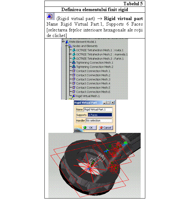 Text Box: Tabelul 5
Definirea elementului finit rigid
 (Rigid virtual part)  Rigid virtual part Name Rigid Virtual Part.1, Supports 6 Faces [selectarea fetelor interioare hexagonale ale rotii de clichet]
 
 

